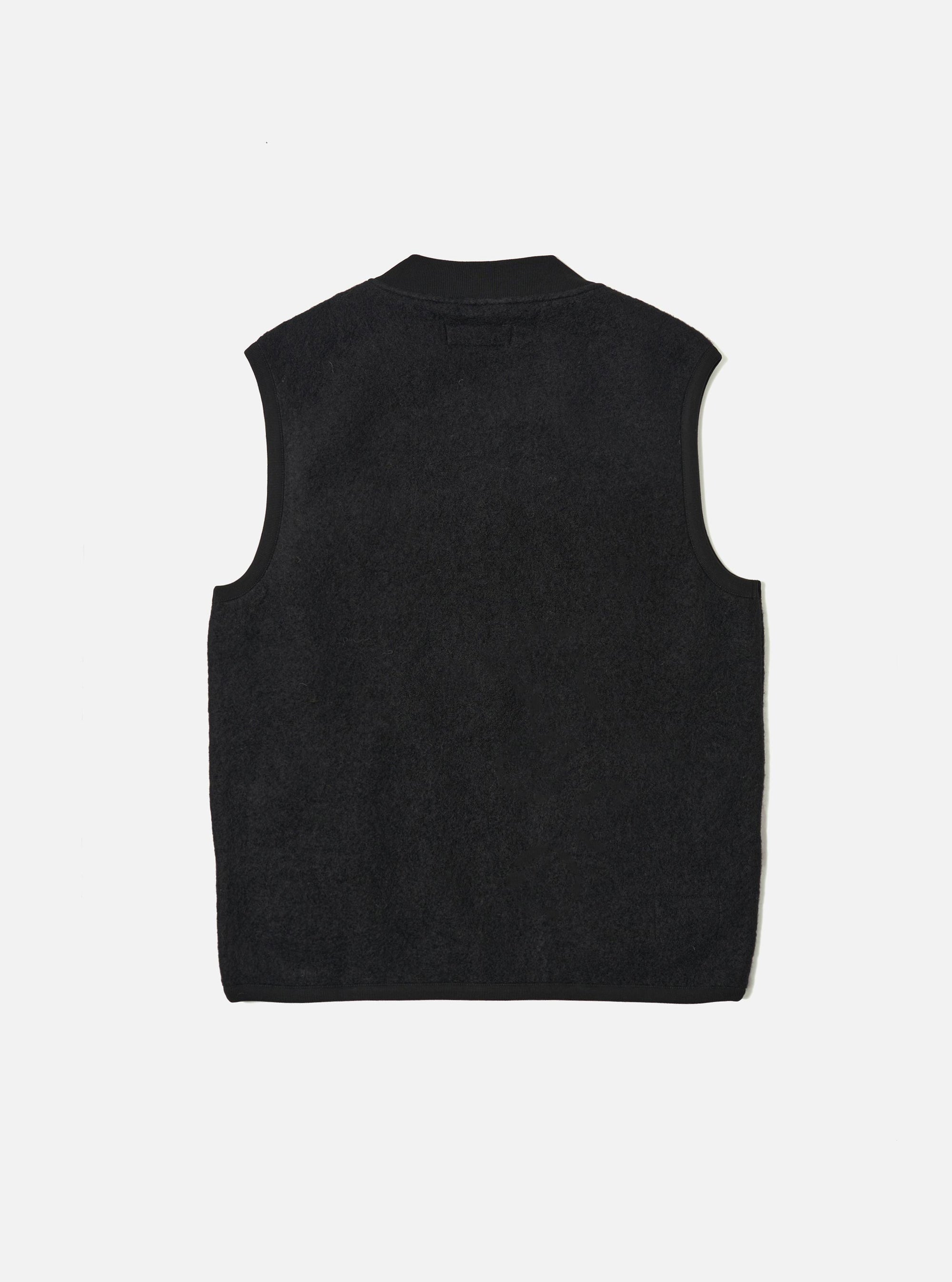 Back view of the Black Wool Fleece Zip Waistcoat on a clean white background. The sleeveless vest is made of black wool fleece and has a zip closure.
