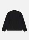 The back of a Black Wool Fleece Zip Bomber jacket, laid flat on a white background. The jacket is a dark, textured wool fleece with a zip front.