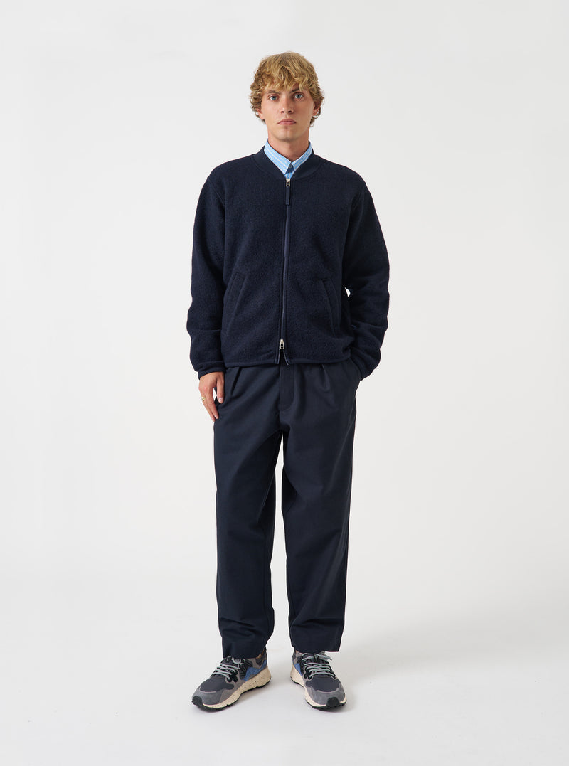 Navy Wool Fleece Zip Bomber Jacket