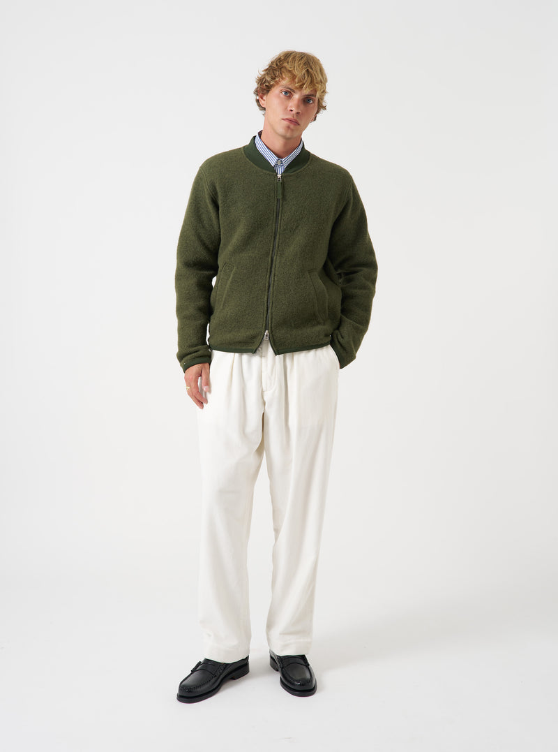 Olive Wool Fleece Zip Bomber Jacket