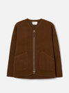 Cacao brown wool fleece zip liner jacket laid flat on a light grey studio backdrop. Collarless V-neckline with tonal bound edging, full-length silver metal zip, and two patch pockets at the lower front. Textured boiled wool fleece fabric throughout. Universal Works woven label visible at the neck.