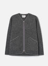 Grey marl wool fleece zip liner jacket, flat lay on a light grey seamless backdrop. Collarless V-neckline with tonal bound edges running down the full-length centre-front zip, which has silver metal pulls at top and bottom. Two large angled welt pockets at the lower front with matching bound trim. Textured boiled wool fleece fabric throughout.
