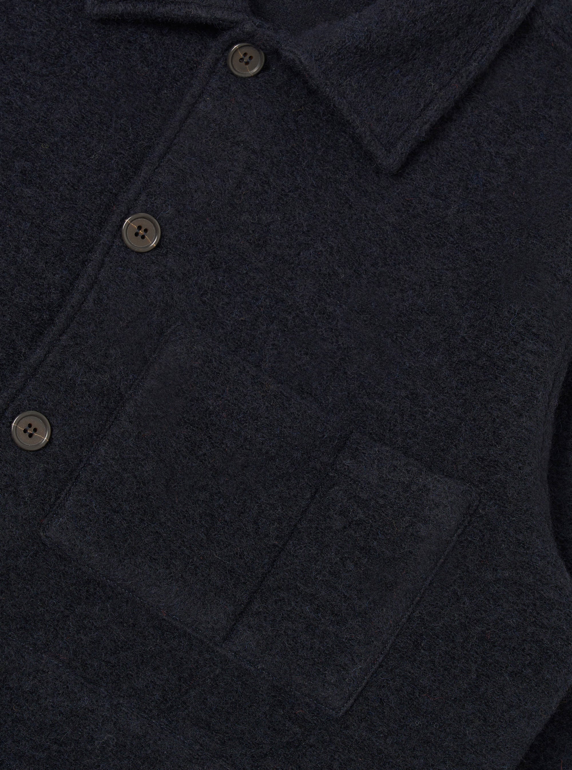Close-up of a navy wool fleece uniform jacket showing the spread collar, single-breasted button placket with grey four-hole buttons, and a large patch pocket on the chest. The boiled wool texture is visible throughout. Plain white studio backdrop.