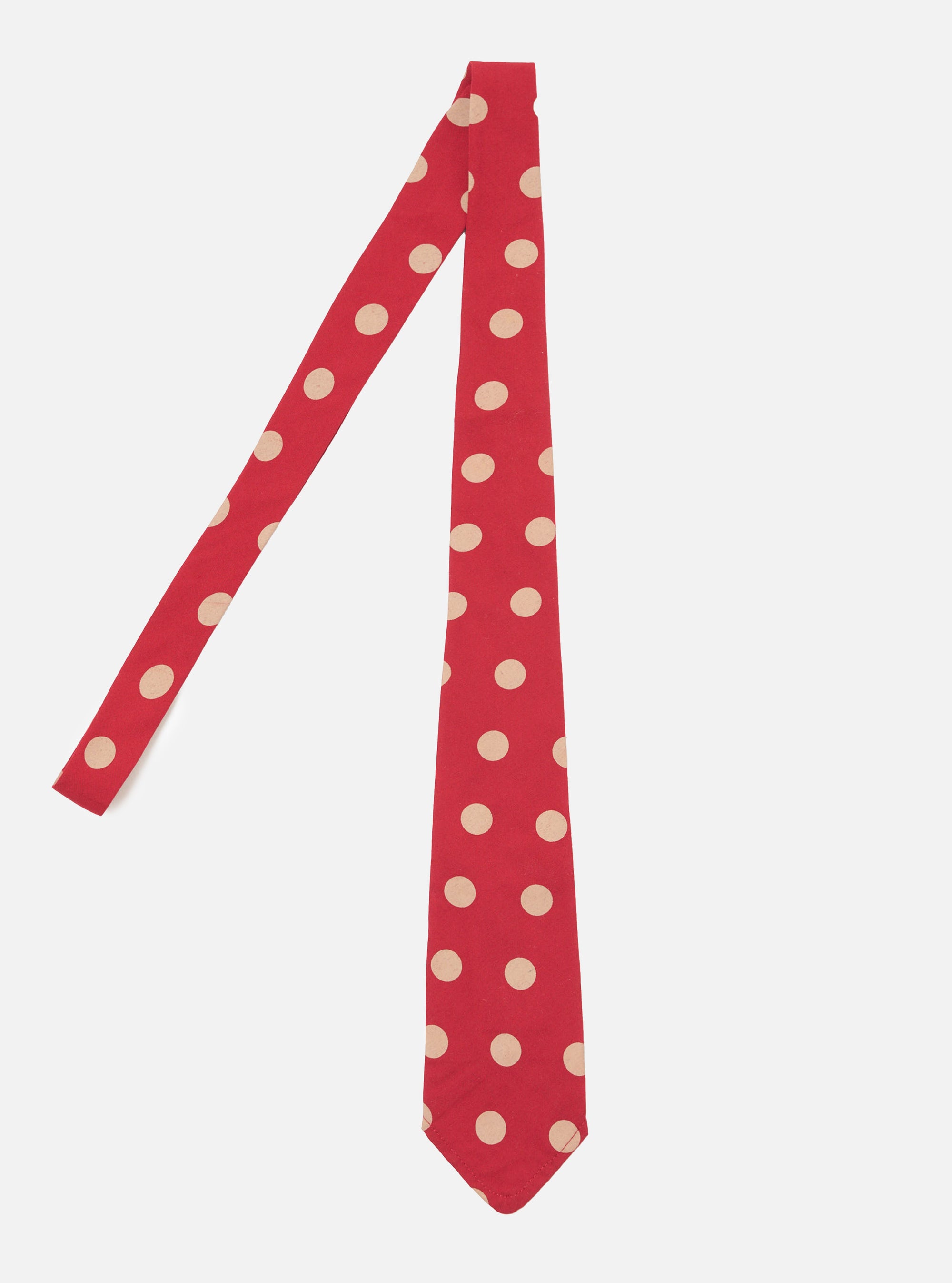 The Red Bold Dot Print Rayon Tie on a white background. The tie is red with tan polka dots.