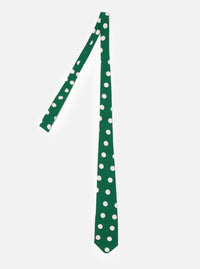 The Forest Green Bold Dot Print Rayon Tie is shown as a flat lay against a plain white background. The tie features a deep forest green base color with an all-over print of large, off-center white dots. The fabric has a smooth, slightly lustrous appearance characteristic of rayon.