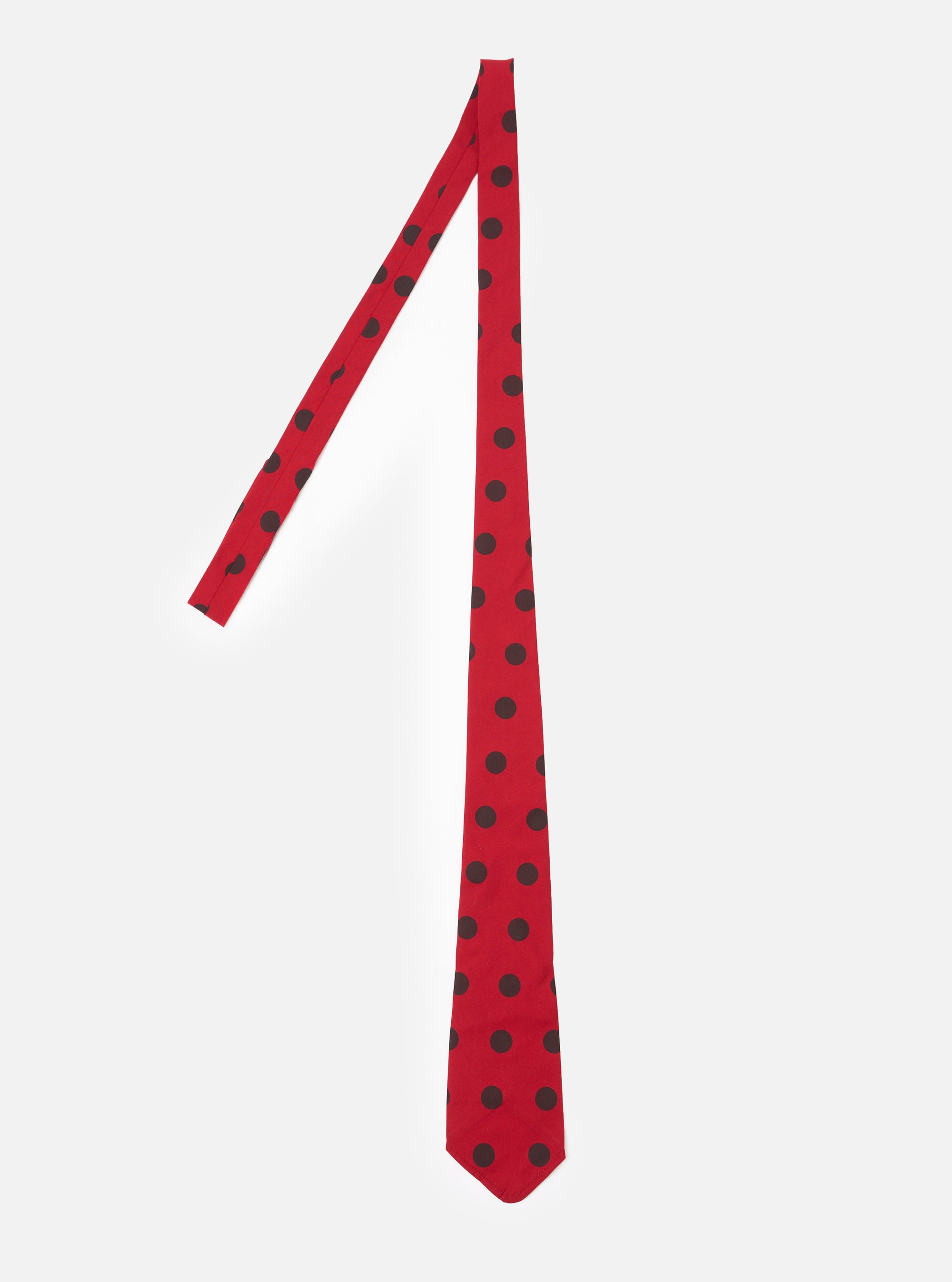 The Red/Black Bold Dot Print Rayon Tie is displayed as a flat lay against a plain white background. The tie features a classic silhouette with a pointed tip, showcasing a pattern of large black dots on a vibrant red rayon fabric.