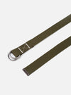 The Olive Canvas Webbing O Ring Belt is displayed as a flat lay against a plain white background. The belt features a textured olive green canvas webbing construction with visible contrast stitching and a double metal O-ring buckle for an adjustable closure.