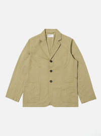The Sand Twill London Jacket in a light sand color, made of twill fabric, is laid flat on a white background. It features a classic fit with button closure and patch pockets.