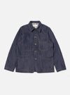 The Indigo 13oz Selvedge Denim Bakers Jacket is displayed on a white background. The jacket is a dark wash denim with four front pockets and button closure.