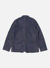Back view of the Indigo 13oz Selvedge Denim Bakers Jacket on a white background. The jacket is dark blue denim with tan stitching. 