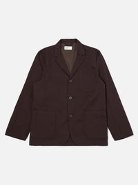 A Brown Twill Three Button Jacket is displayed laid flat against a plain white background. The jacket features a three-button front closure, a notched lapel, and three patch pockets on the front.