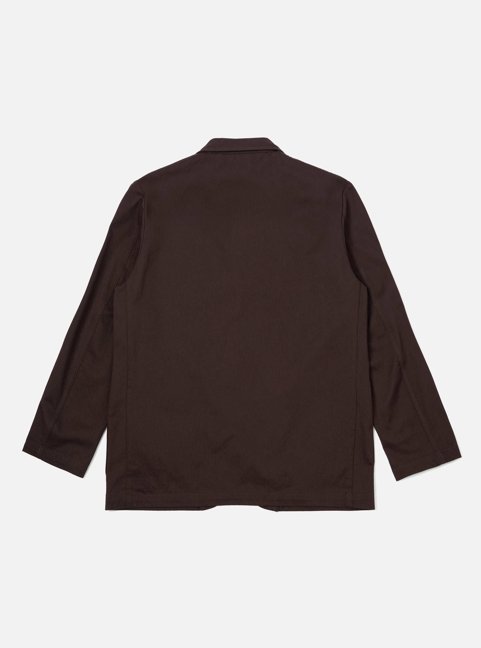 A Brown Twill Three Button Jacket is shown from the back, displayed flat against a plain white background. The image highlights the jacket's structured shoulders, a central seam running down the back, and a single vent at the hem.