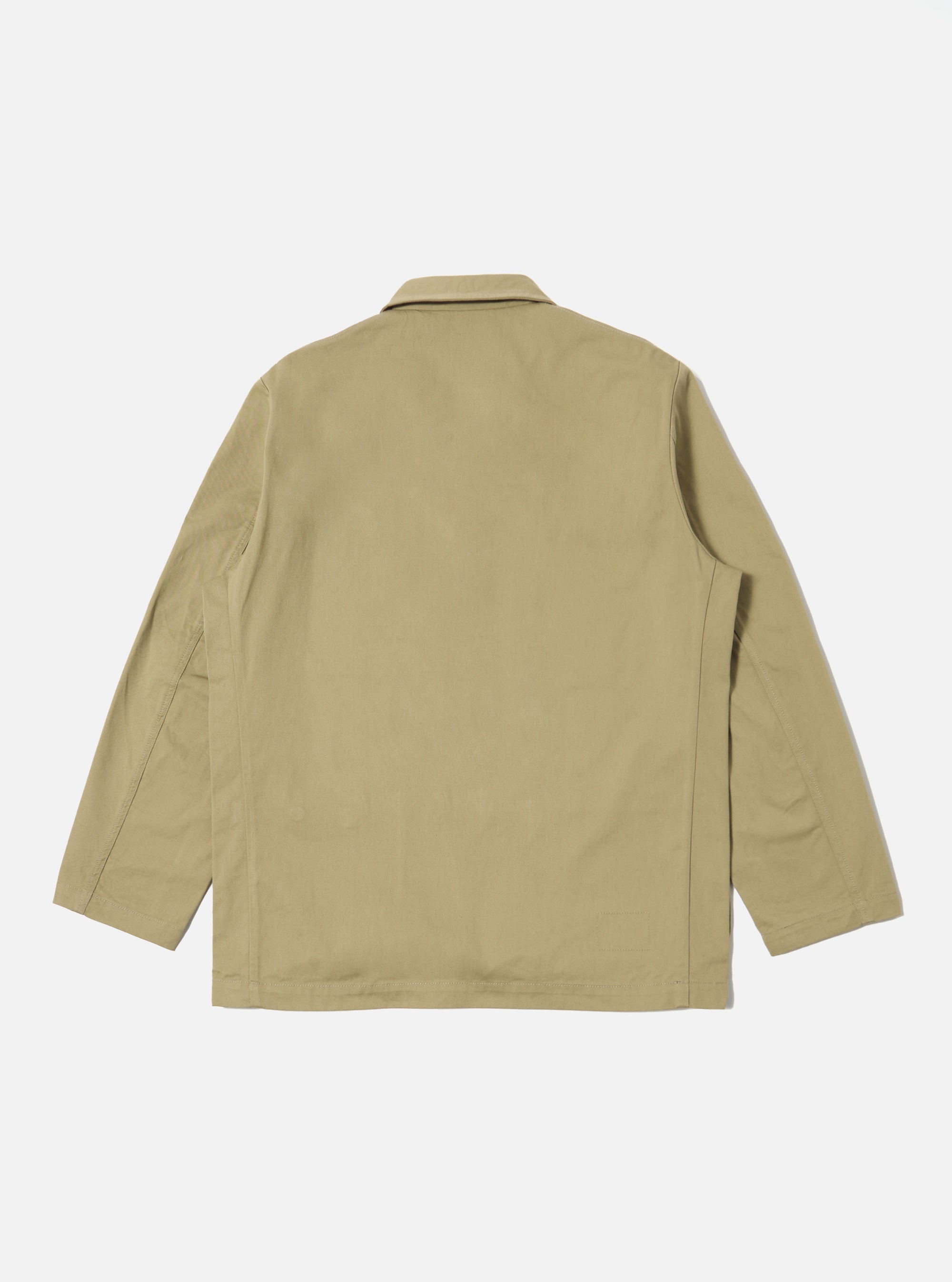 Back view of the Sand Twill Three Button Jacket on a white background. The jacket is a light sand color and made of twill fabric. It has a classic, tailored fit.