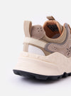 The Flower Mountain Light Brown Suede/Nylon Rulis Uni is shown from a rear angle as a flat lay against a plain white background. The image highlights the light brown suede and nylon upper, the webbing back pull tab, and the thick, off-white notched rubber sole with a contrasting tan insert.