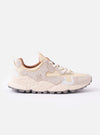 The Flower Mountain Milk/Light Beige Suede/Nylon Rulis Uni is shown as a flat lay against a plain white background. The sneaker features a technical nylon upper with overlapping light beige suede panels and a contrasting white rubber sole with a textured, indented tread. The design includes cream-colored cotton laces, reinforced eyelets, and a webbing pull tab at the heel.