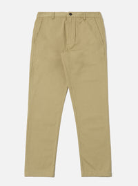 The Sand Twill Aston Pant, a tan-colored twill fabric, is laid out on a white background. The pants have a classic fit and are neatly pressed.