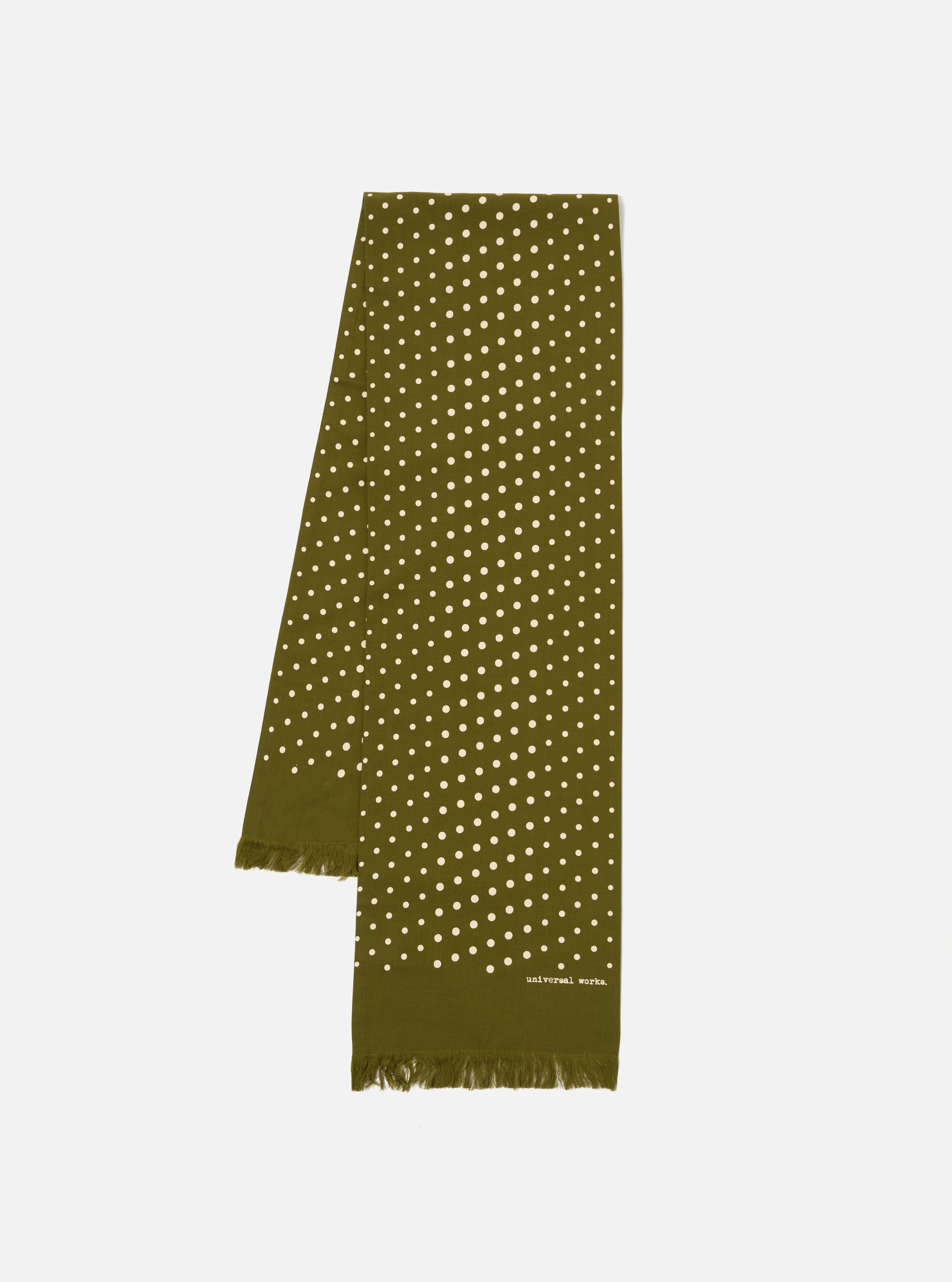 Olive Green Dot Print Short Scarf on a white background. The scarf has white polka dots and a fringed edge.