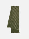 Olive Dot Print Short Scarf on a white background. The scarf is olive green with white dots and has a fringed edge.