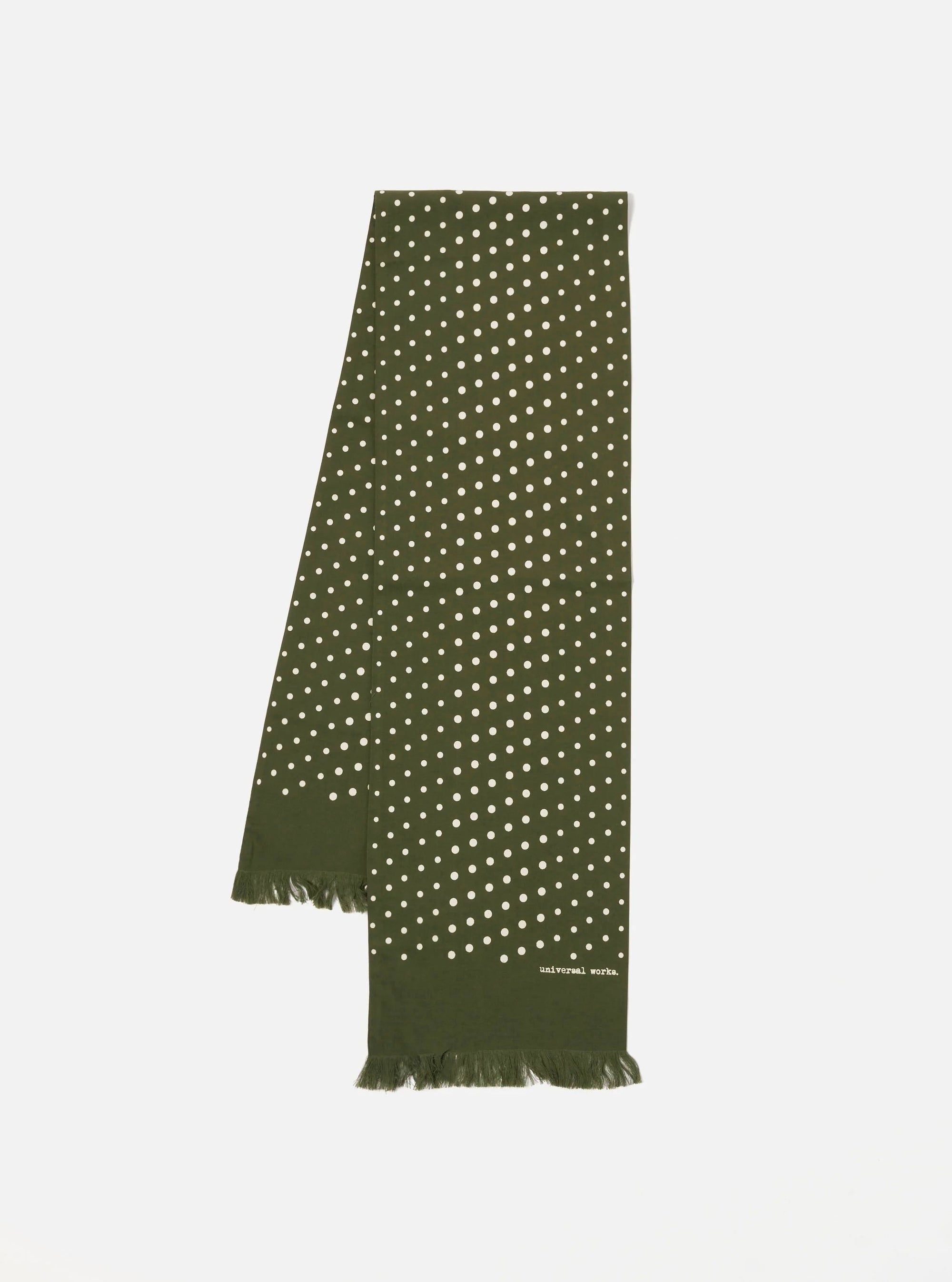 Olive Dot Print Short Scarf on a white background. The scarf is olive green with white dots and has a fringed edge.