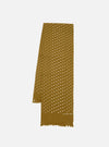 The Mustard Dot Print Short Scarf is displayed on a white background. The scarf is mustard colored with white dots and has fringed edges.