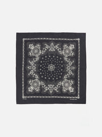 Flat lay of a Black Classic Bandana Neckerchief on a white background. The bandana has a white floral pattern.