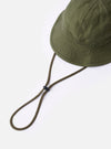 The cableami Dark Olive Baker Back Satin Cotton Metro Hat is shown from the back as a flat lay against a plain white background. The image highlights the six-panel construction of the crown and the circular brim of the dark olive green hat. A thin, matching adjustable drawcord with a plastic toggle and metal clips is attached to the sides.