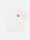 White t-shirt with red graphic on a white background