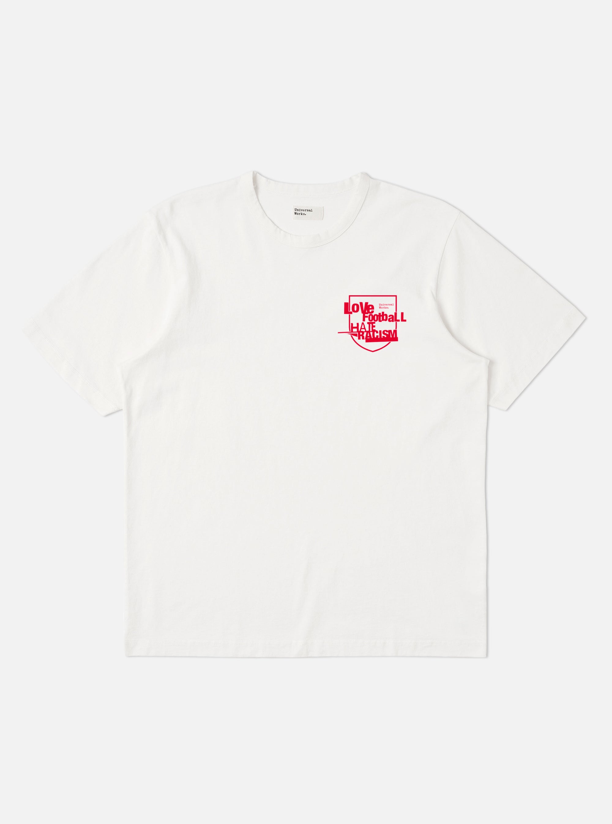 White t-shirt with red graphic on a white background