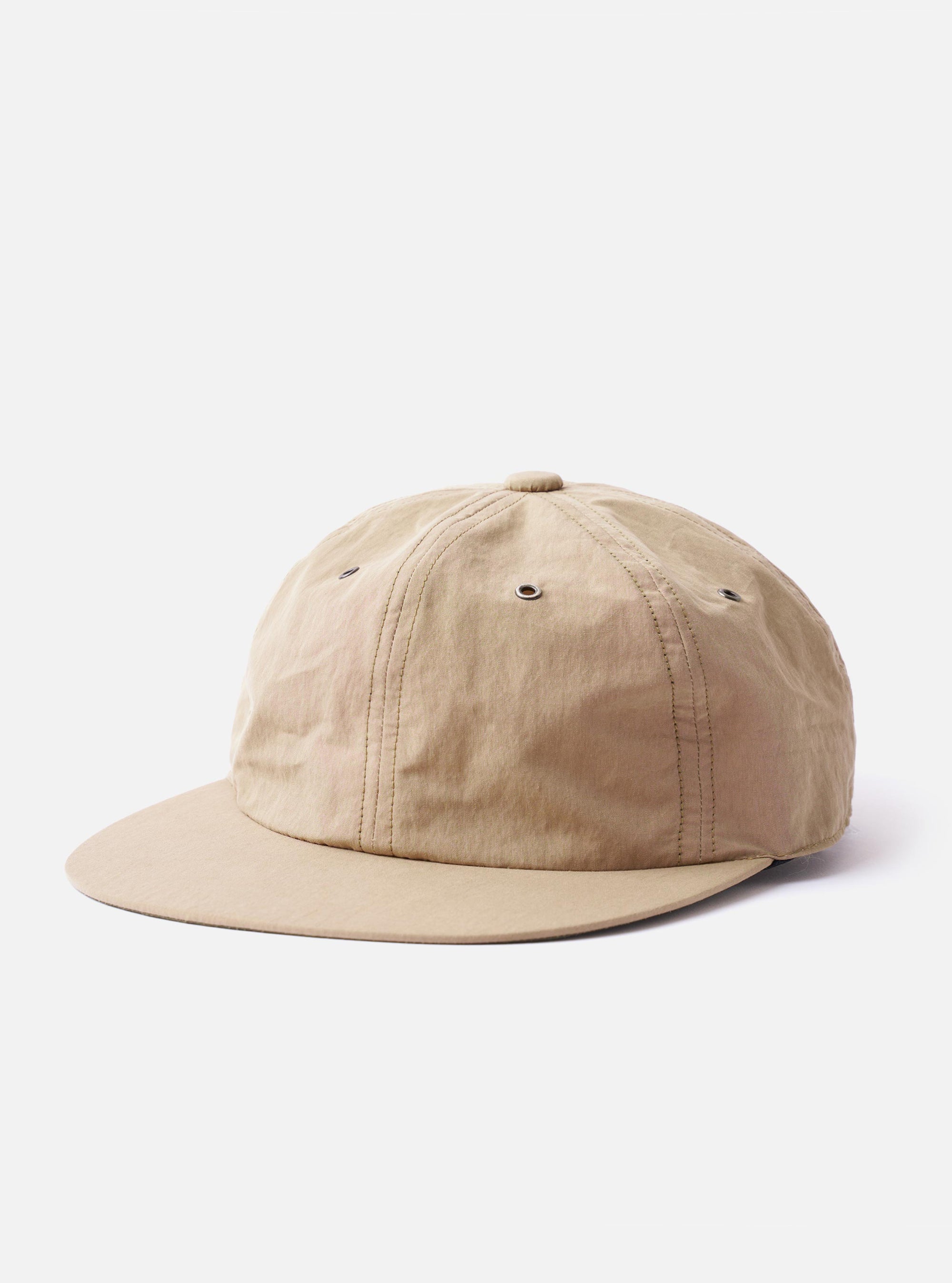 The cableami Beige/Olive Cotton/Nylon B.B Cap is shown as a flat lay against a plain white background. The cap features a classic six-panel construction with a beige crown and a contrasting olive green curved brim. A small, circular ventilation eyelet is visible on the side panel, and the top is finished with a matching beige button.
