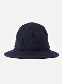 The cableami® Navy Recycled Wool Army Hat is displayed on a white background. The hat is navy blue and made of recycled wool. It has a classic army hat fit.