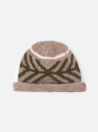 cableami® Beige Wool Jacquard Watch Cap on a white background. The cap features a beige and green patterned design with a folded brim.