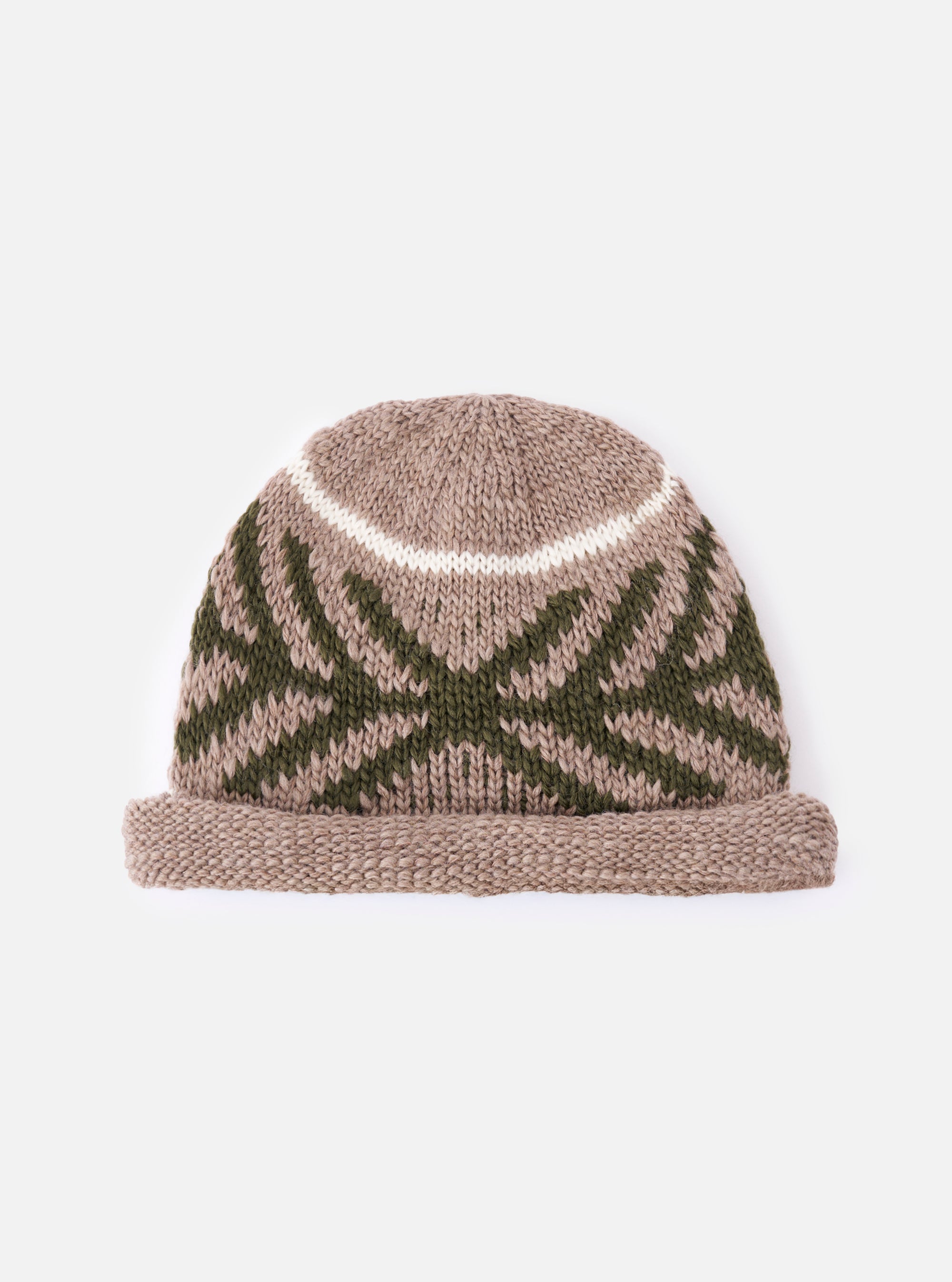 cableami® Beige Wool Jacquard Watch Cap on a white background. The cap features a beige and green patterned design with a folded brim.