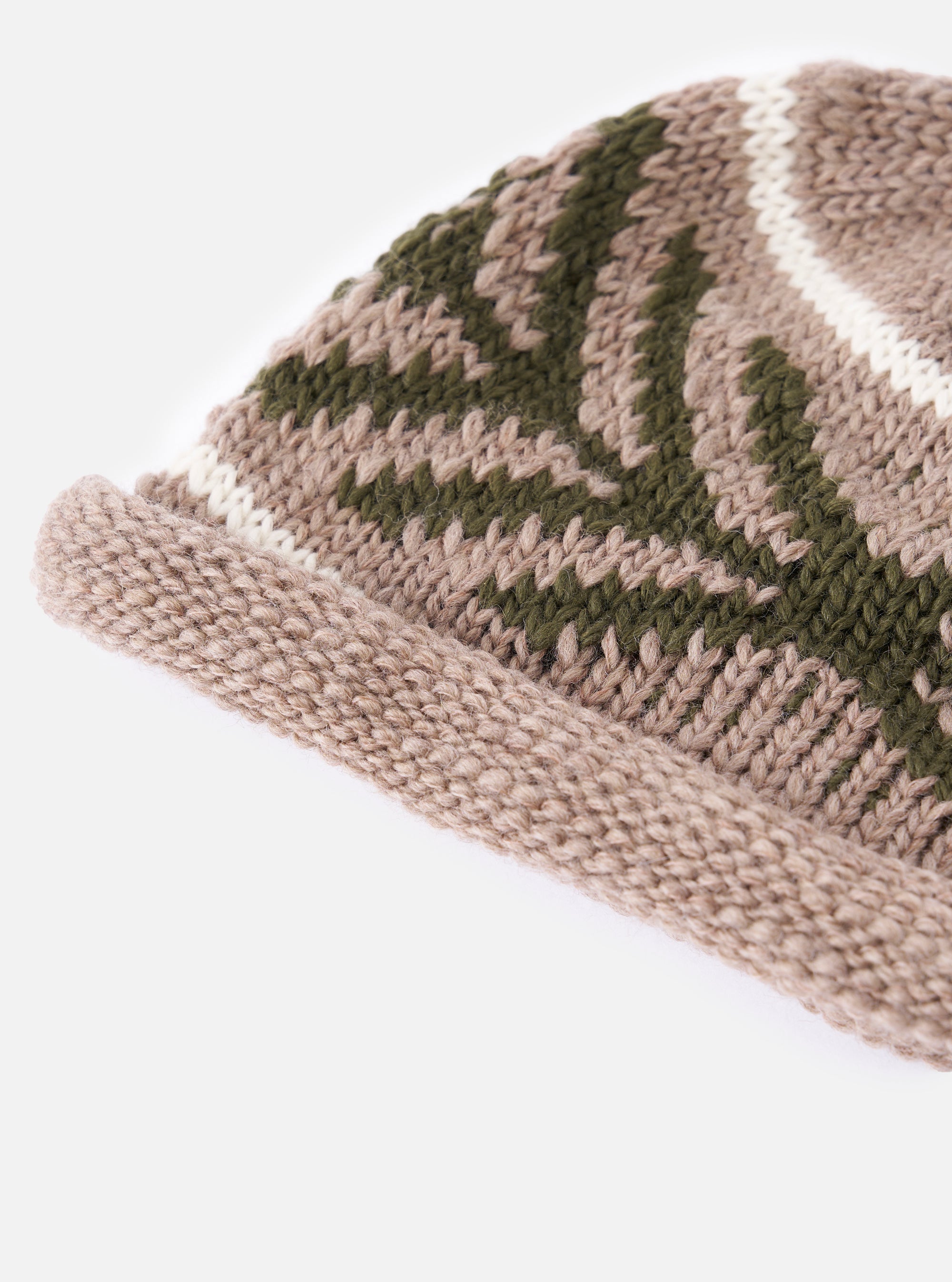Close-up of the cableami® Beige Wool Jacquard Watch Cap on a white background. The cap features a beige, green, and white patterned knit.