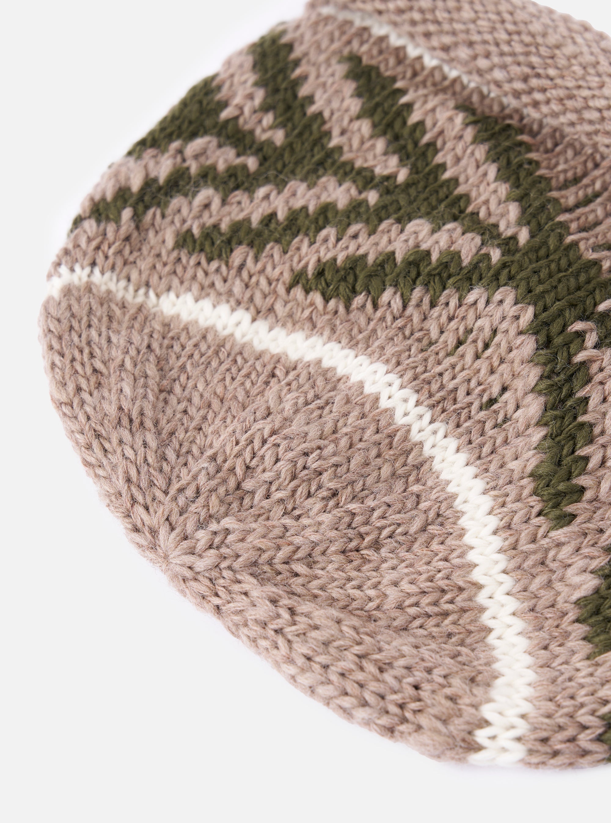 Close-up of the cableami® Beige Wool Jacquard Watch Cap on a white background. The cap features beige, olive green, and white stripes in a wool knit.