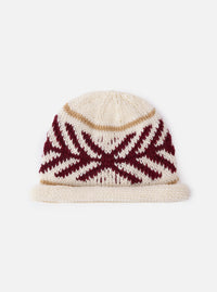 cableami® Ecru Wool Jacquard Watch Cap on a white background. The cap is ecru with a red and white geometric pattern and a tan stripe.