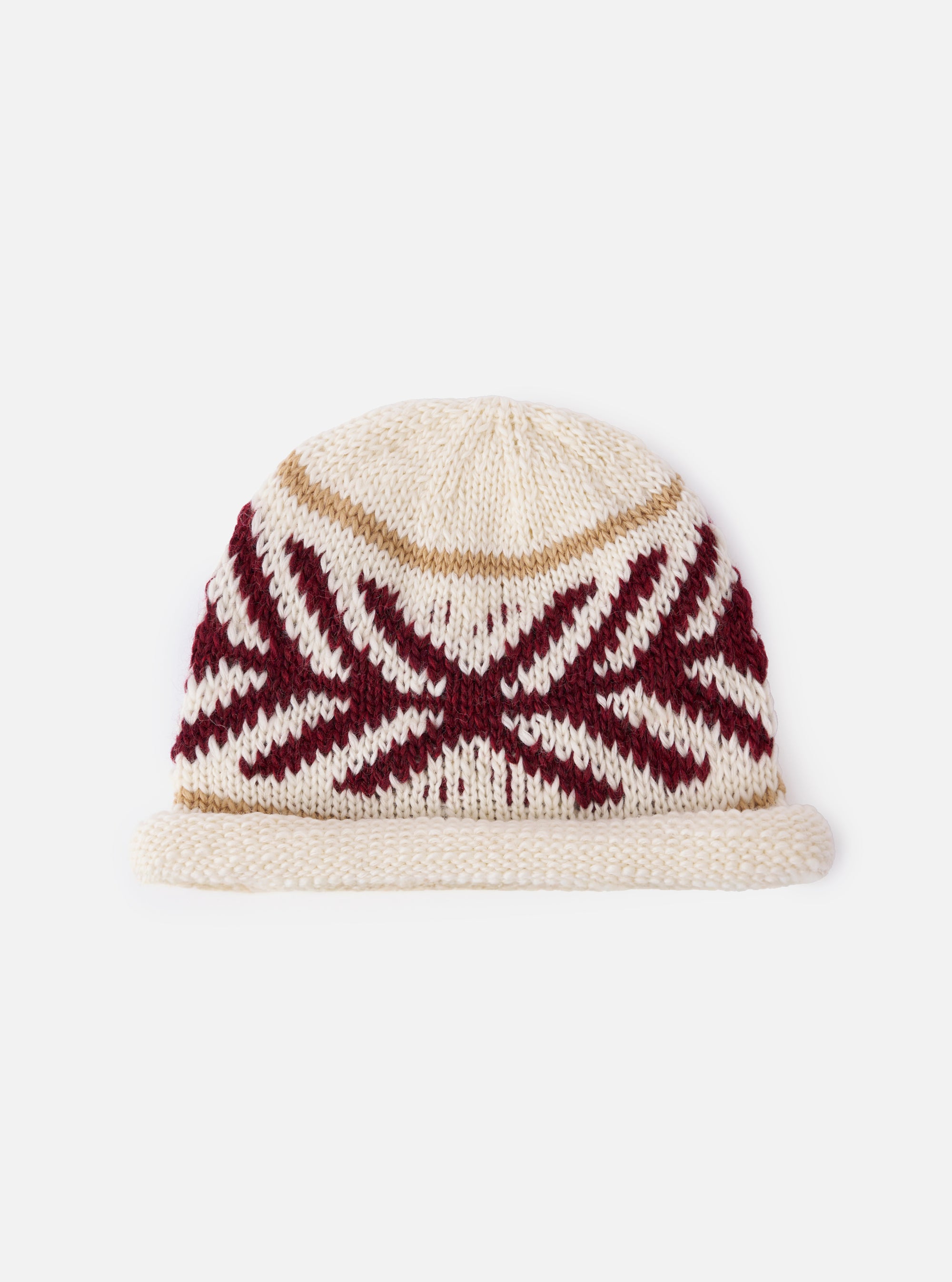 cableami® Ecru Wool Jacquard Watch Cap on a white background. The cap is ecru with a red and white geometric pattern and a tan stripe.