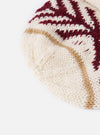 Close-up of a cableami® Ecru Wool Jacquard Watch Cap on a white background. The cap features ecru, burgundy, and tan jacquard patterns.