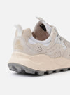 The Flower Mountain White/Off White Suede/Nylon Yamano 3 Uni is shown from a rear angle as a flat lay against a plain white background. The image highlights the reinforced heel with decorative perforations, the ultra-light rubber sole with a two-tone compound, and the indented toothed tread. The white nylon and off-white suede materials are clearly visible.