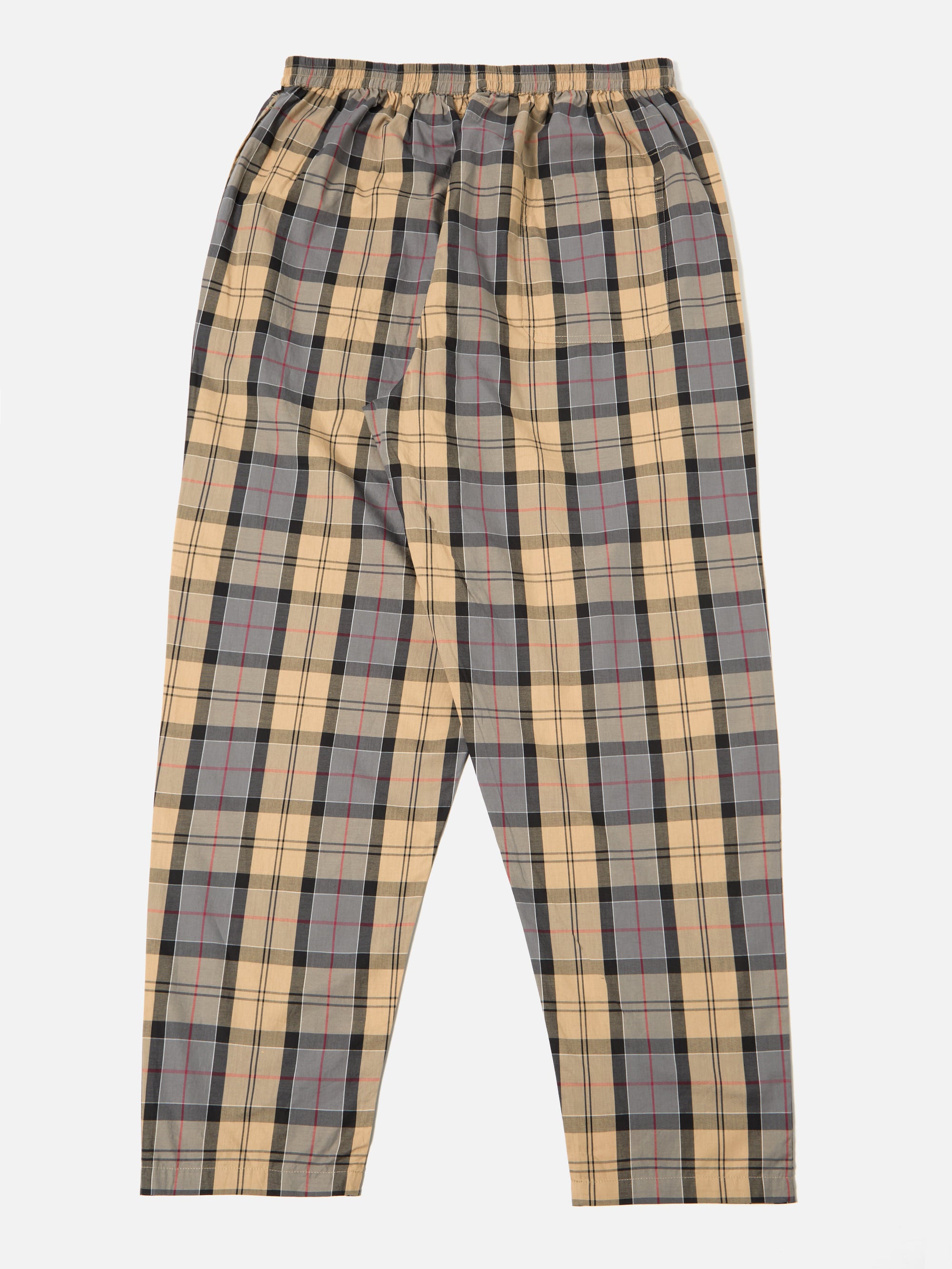 The Sand Tartan Check Pyjama Pant, laid flat on a white background. The pant features a sand, grey, black, and red tartan pattern and an elastic waistband.