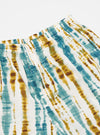 Close-up of the Ecru Paint Print Boxer Short on a white surface. The shorts feature a blue and brown tie-dye pattern with an elastic waistband.