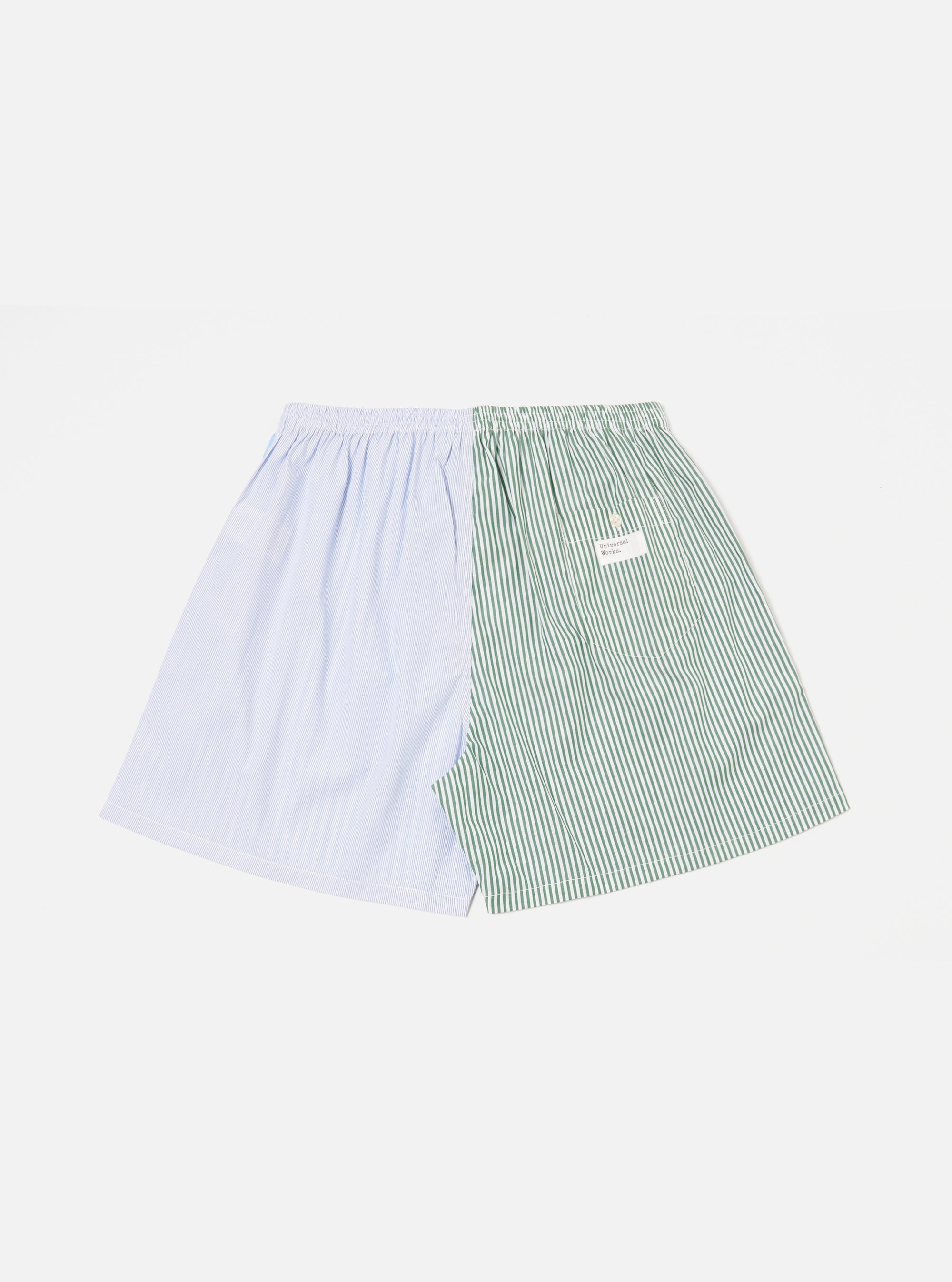 The Blue Classic Mix Boxer Short, half blue striped and half green striped, is laid flat on a white background. The fit is loose and comfortable.