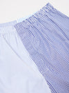 Close-up of Blue Classic Mix Boxer Short on a white background. Features blue and white striped patterns and an elastic waistband.