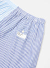Close-up of the Blue Classic Mix Boxer Short on a white background. Features blue and white stripes, an elastic waistband, and a small pocket with a button.