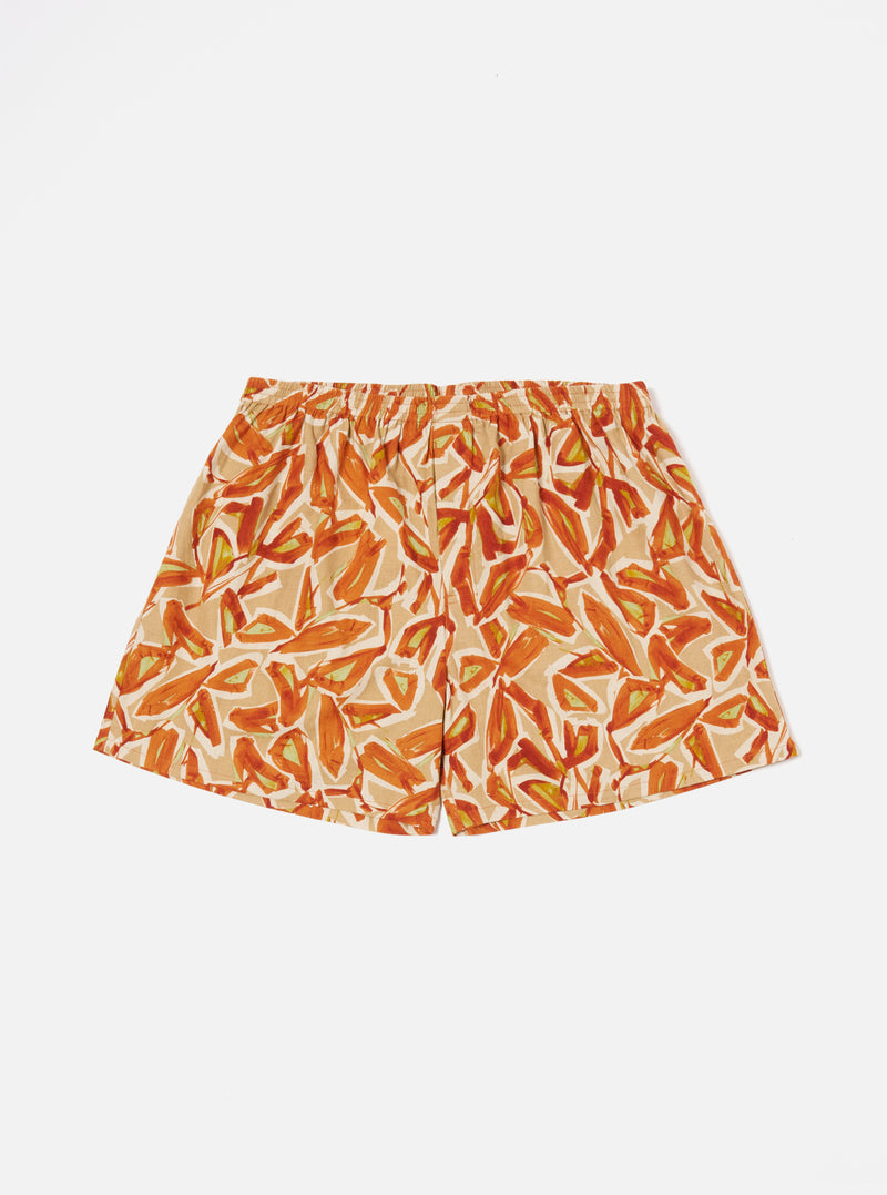 Flat lay of the Terracotta Artist Flower Lincot Boxer Short on a white background. The shorts have a terracotta and beige floral print and an elastic waistband.