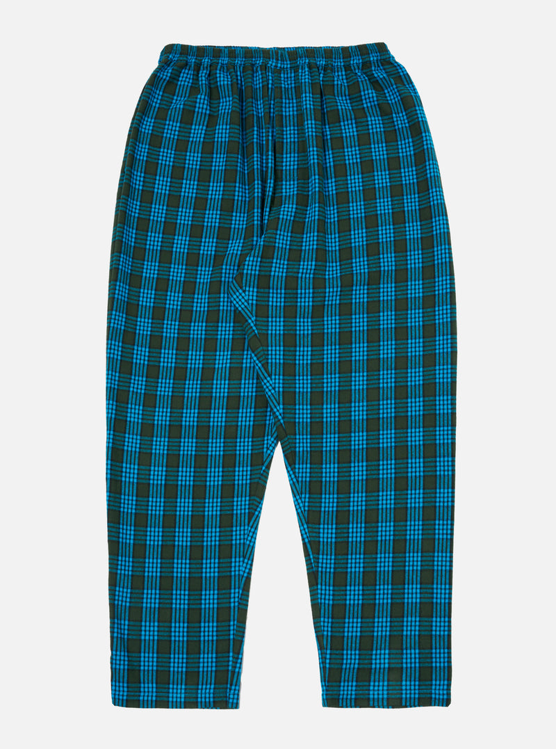 The Blue Brushed Check Pyjama Pant on a white background. The pants have a blue and dark green brushed check pattern and an elastic waistband.