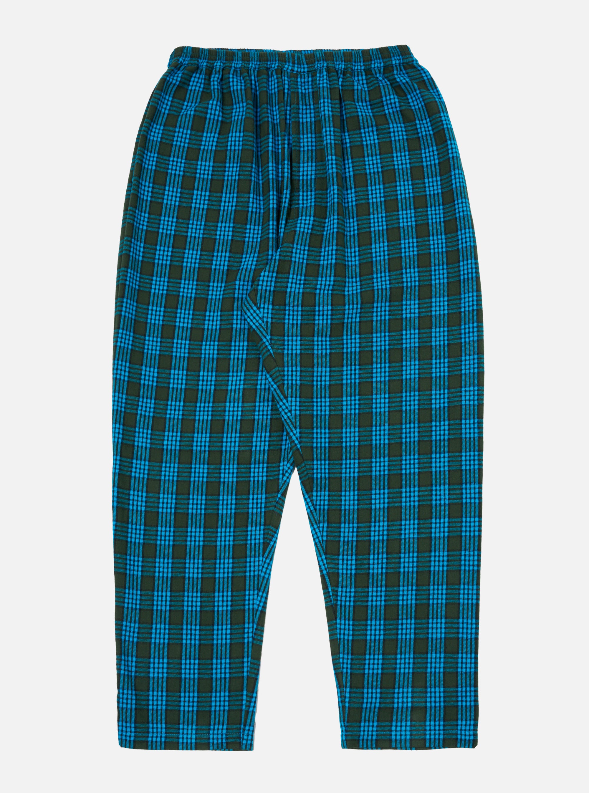 The Blue Brushed Check Pyjama Pant on a white background. The pants have a blue and dark green brushed check pattern and an elastic waistband.
