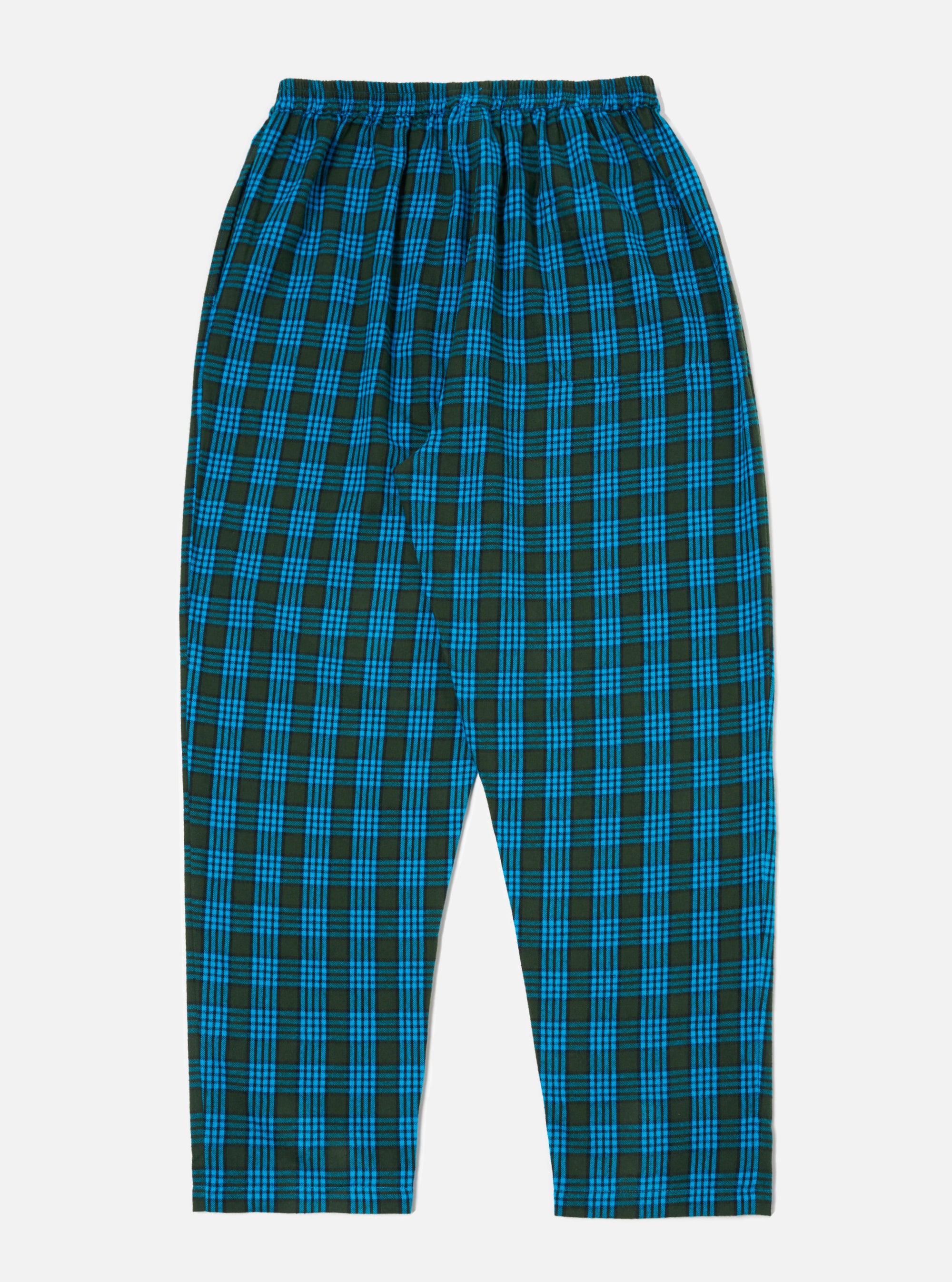 The Blue Brushed Check Pyjama Pant on a white background. The pants have a blue and dark green brushed check pattern and an elastic waistband.