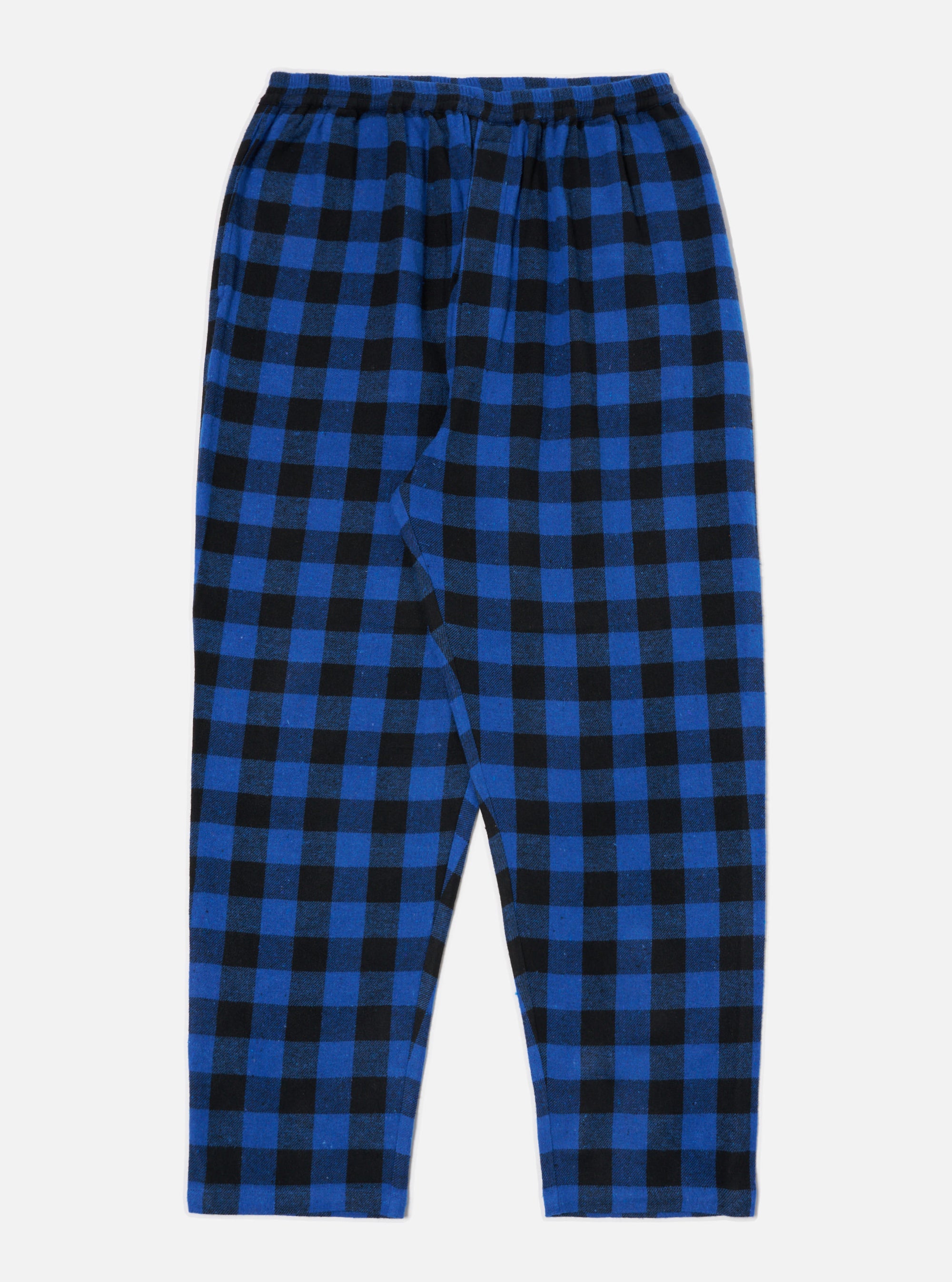 The Blue Brushed Bold Gingham Pyjama Pant on a white background. The pants are blue and black gingham, with an elastic waist. 