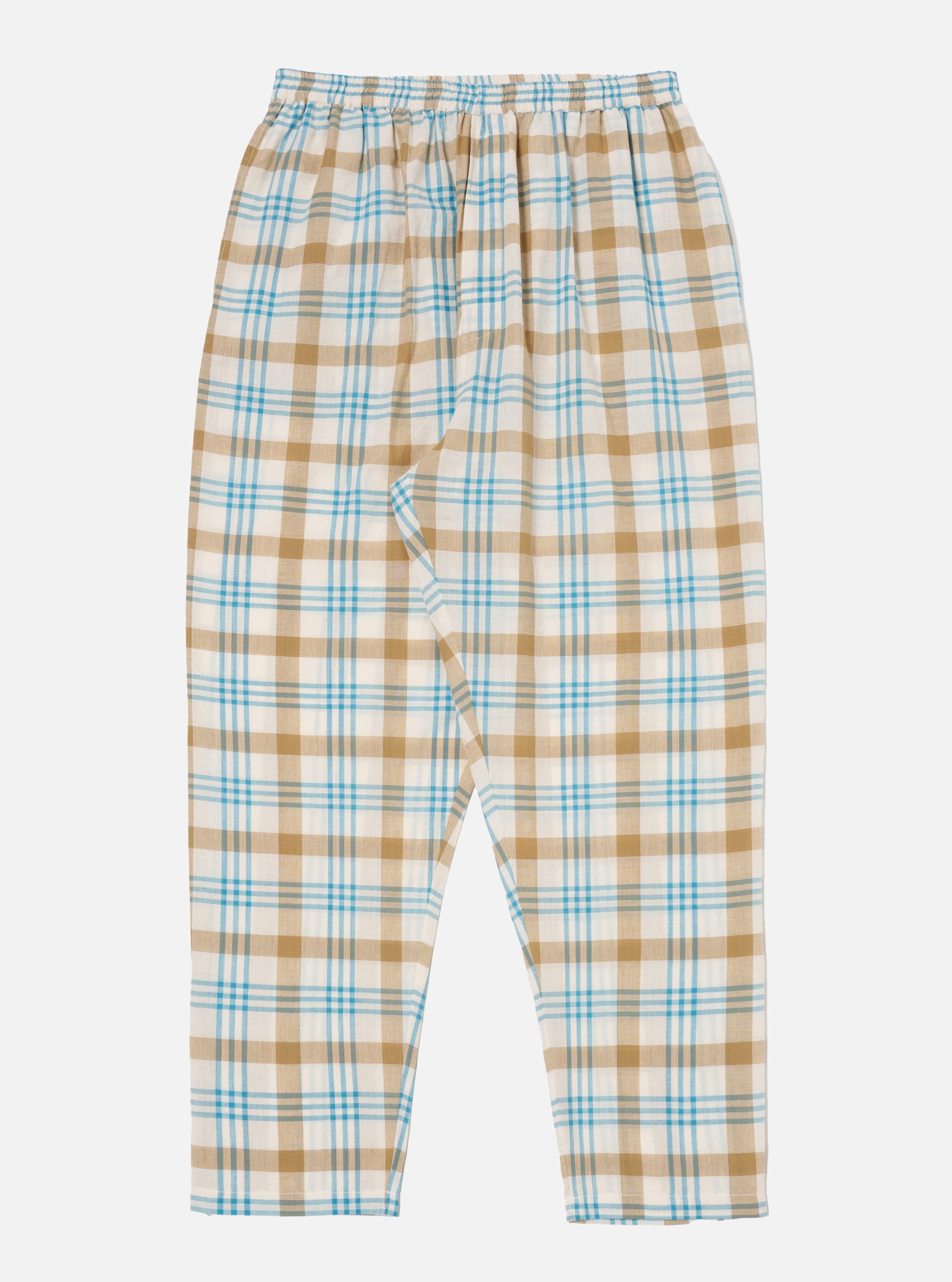 The Ecru Madras Check Pyjama Pant on a white background. The pants are ecru with a blue and brown check pattern and have an elastic waistband.