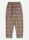 Close-up of the Brown Ikat Twill Check Long Pyjama Set pants on a white background. The brown, black, white, and red plaid pants have an elastic waistband and relaxed fit.